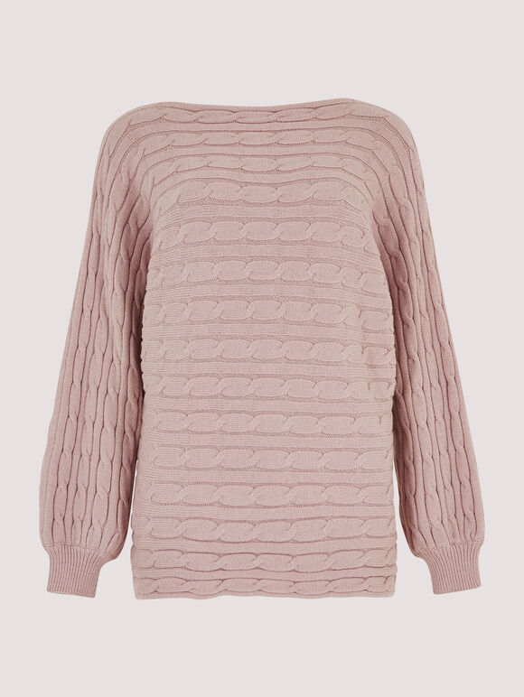 Cable Stripe Batwing Aran Jumper, Pink, large