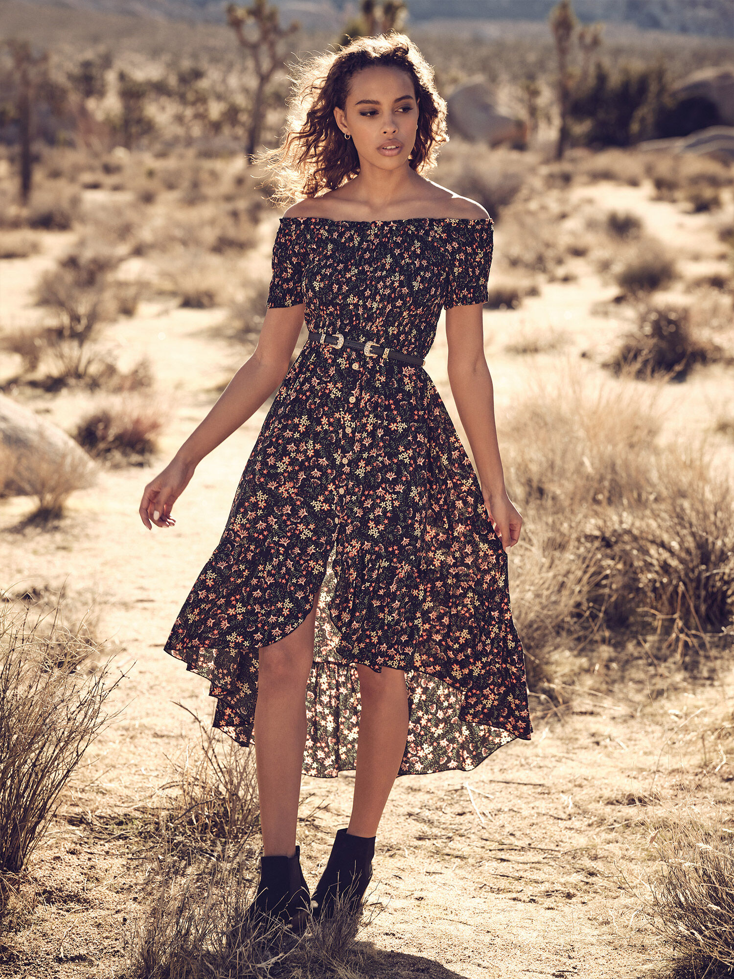 Wildflower Bardot Dress Apricot Clothing