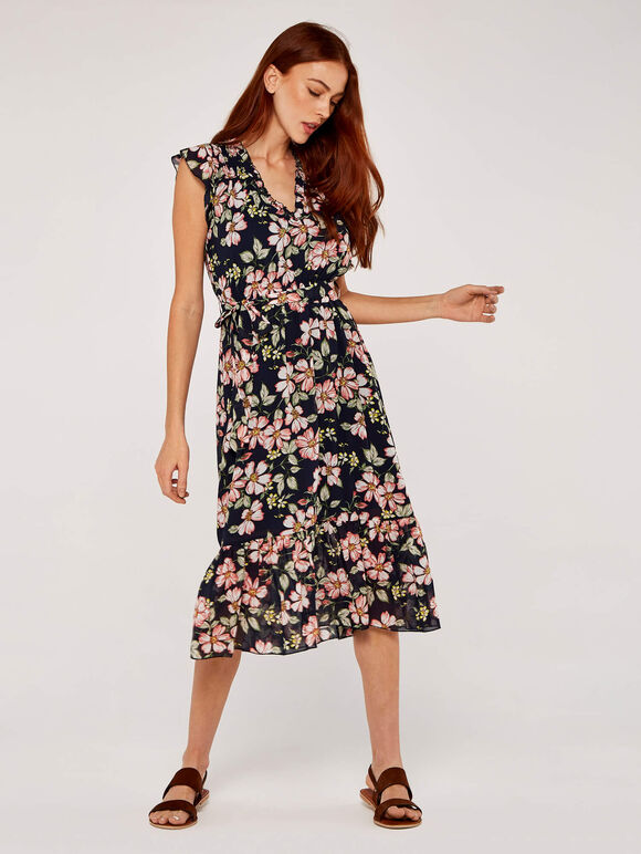 Smock Det Soft Floral Midi Dress, Navy, large