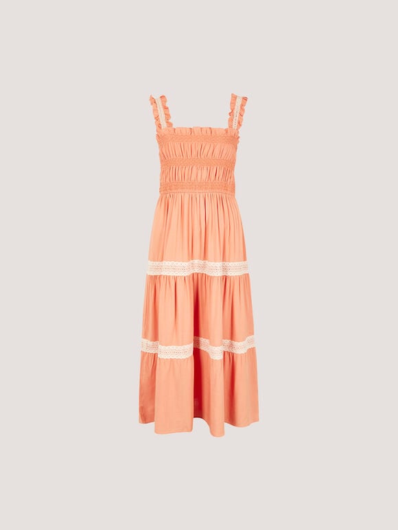 Crochet Lace Tiered Midi Dress, Coral, large