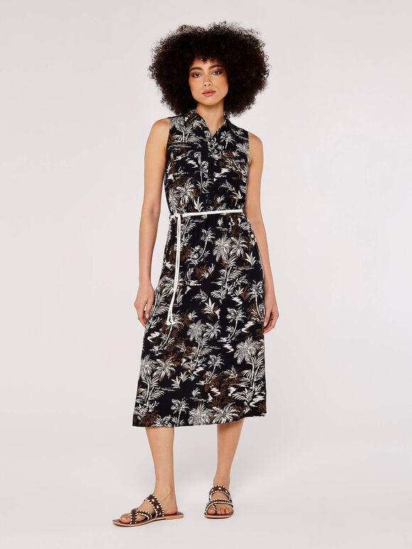Palm Scene Midi Dress, Black, large