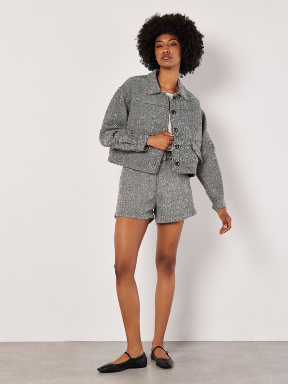Textured Cropped Shacket, Black, large