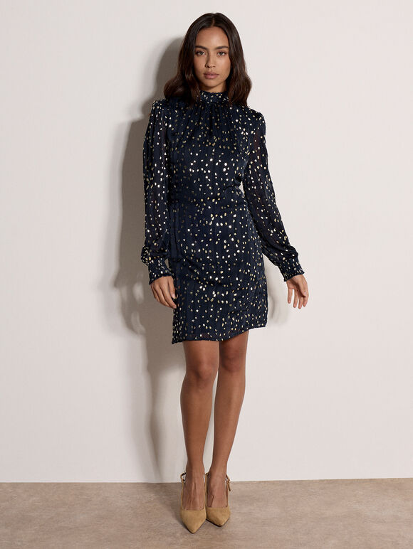 Gold Foil Spot Self-Stripe Mini Dress, Navy, large