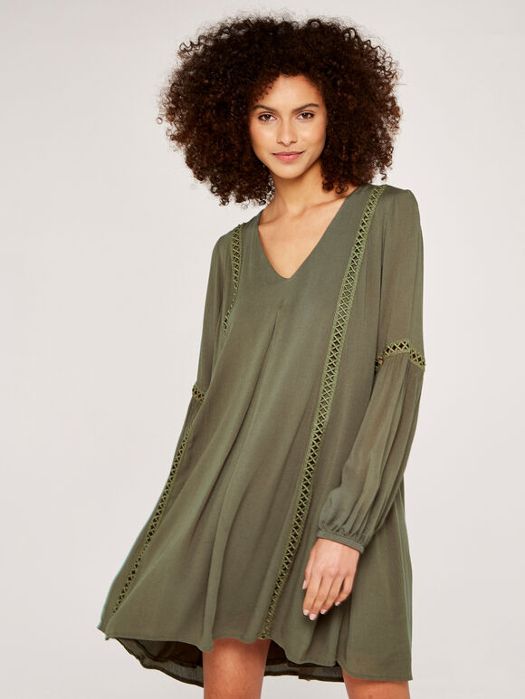 Lace Detail Smock Dress, Khaki, large