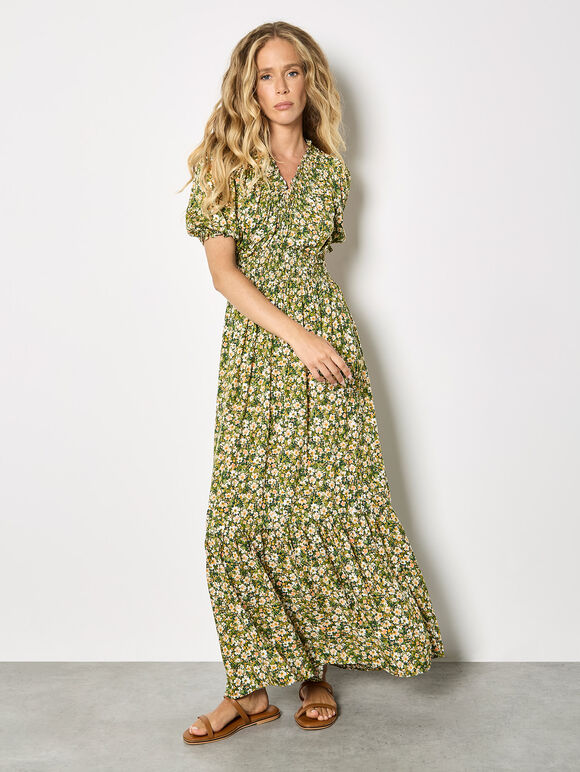 Ditsy Floral Tiered Maxi Dress, Green, large