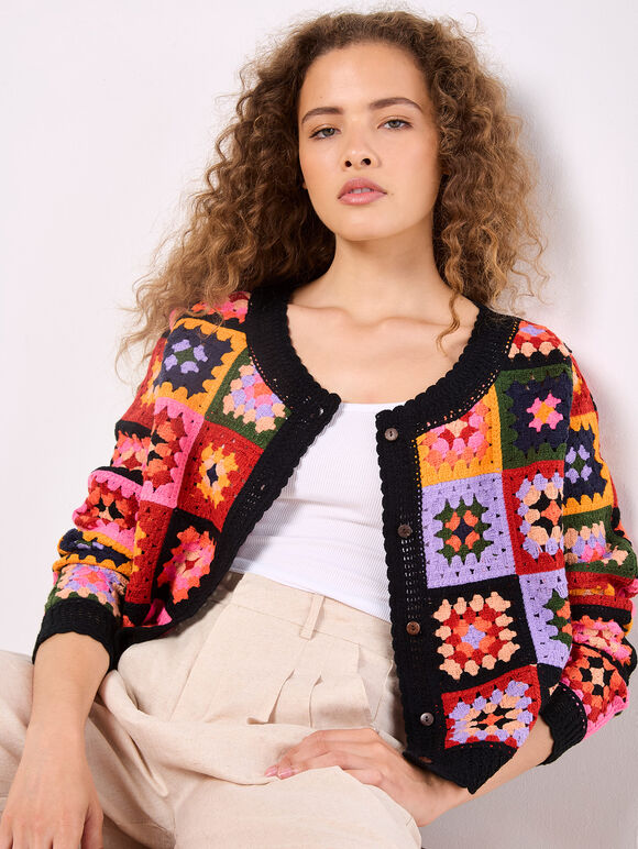 Colourful Crochet Squares Cardigan, Black, large