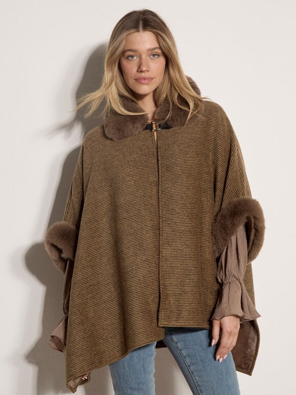 Textured Faux Fur Trim Cape, Brown, large