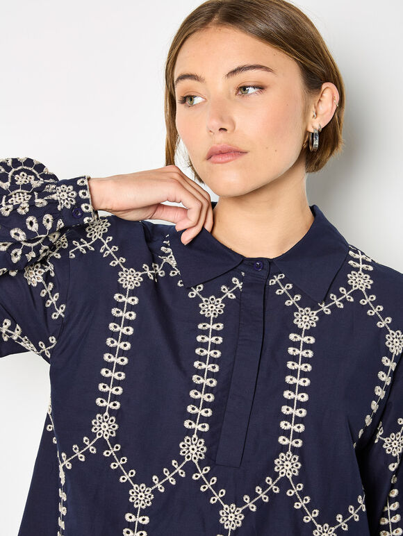 Broderie Anglaise Cotton Swing Mini Dress, Navy, large