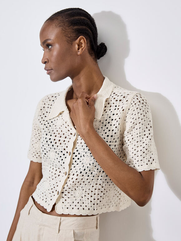Floral Cotton Crochet Cardigan, Stone, large