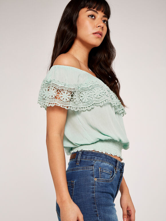 Off Shoulder Broderie Shirred Top, Mint, large