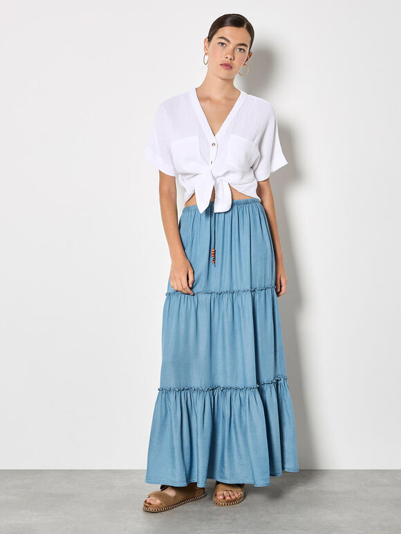 Denim Tiered Maxi Skirt, Blue, large