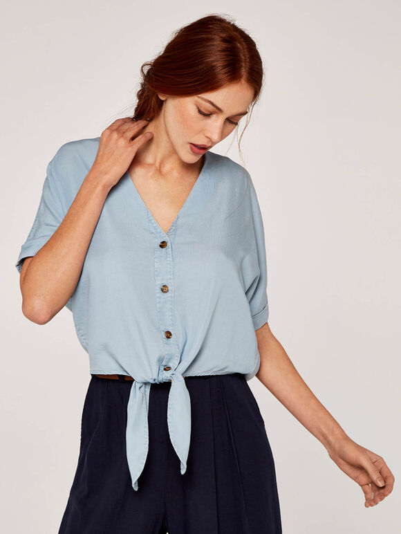 Button Tie Front Top, Blue, large