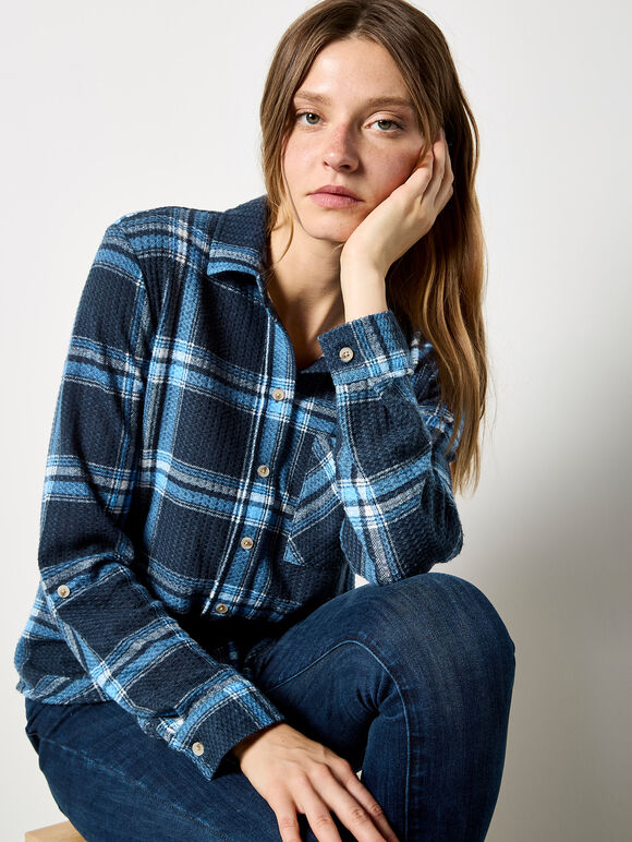 Waffle Knit Classic Check Shirt, Blue, large