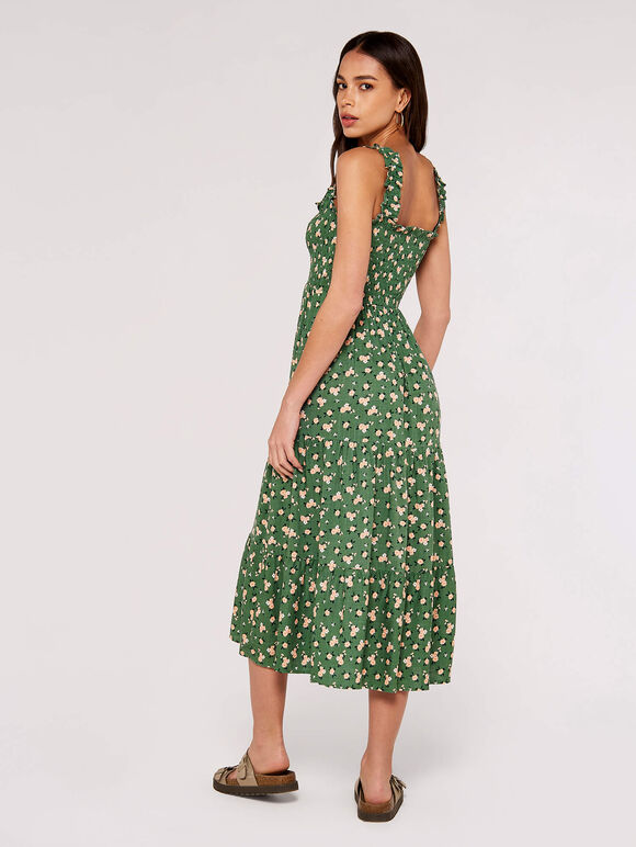 Ditsy Floral Smocked Midi Dress, Green, large