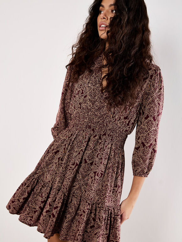 Paisley Ruffle Soft Mini Dress, Burgundy, large