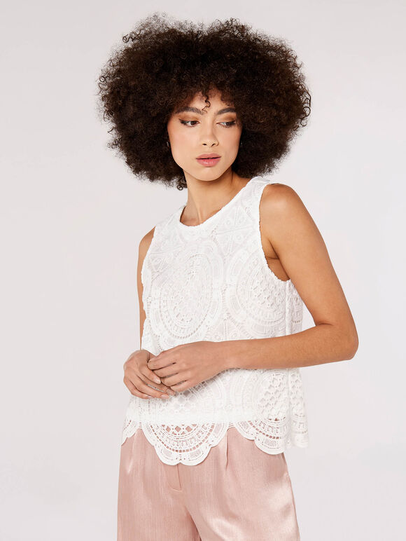 Lace Sleeveless Scallop Top, Cream, large