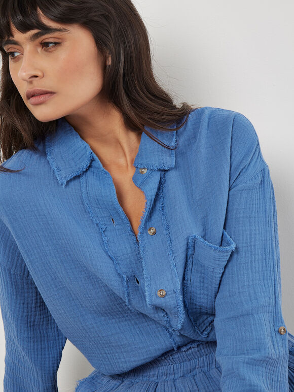 Textured Cotton Oversized Shirt, Blue, large