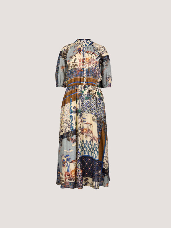 Patchwork Print Midi Dress, Navy, large