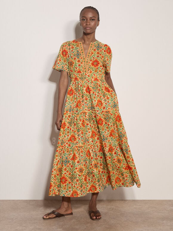 Stain Glass Floral Tiered Midaxi Dress, Orange, large