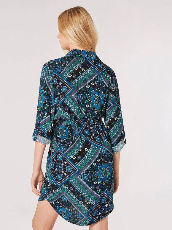 Scarf Print Shirt Mini Dress, Blue, large