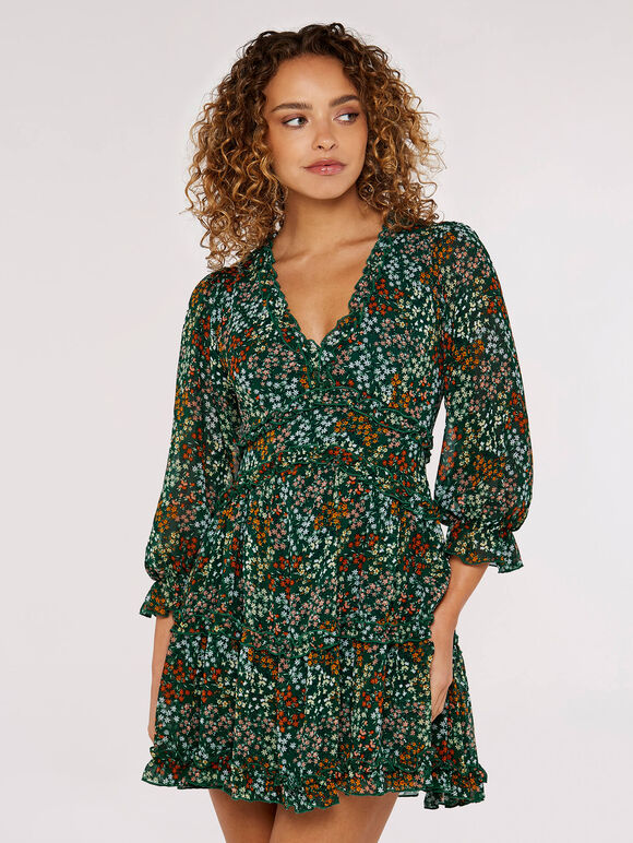 Ditsy Ruffle Mini Dress, Green, large