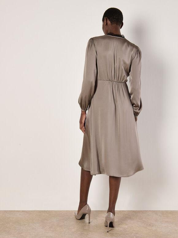 Lace Trim Satin Midi Dress, Grey, large