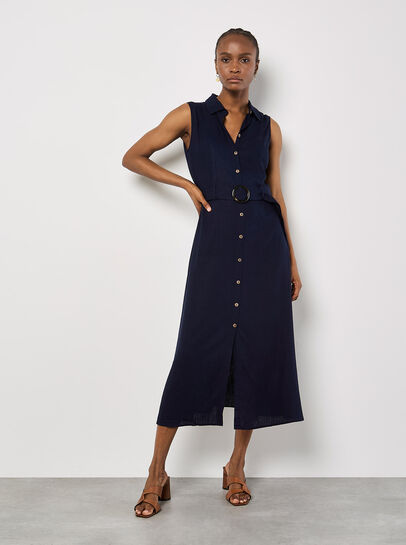 Linen Blend Shirt Midi Dress