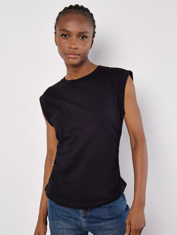 Cotton Jersey Side Ruched T-Shirt, Black, large