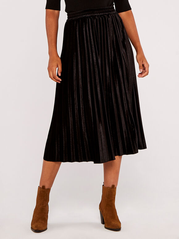 Velvet Pleated Midi Skirt, Black, large