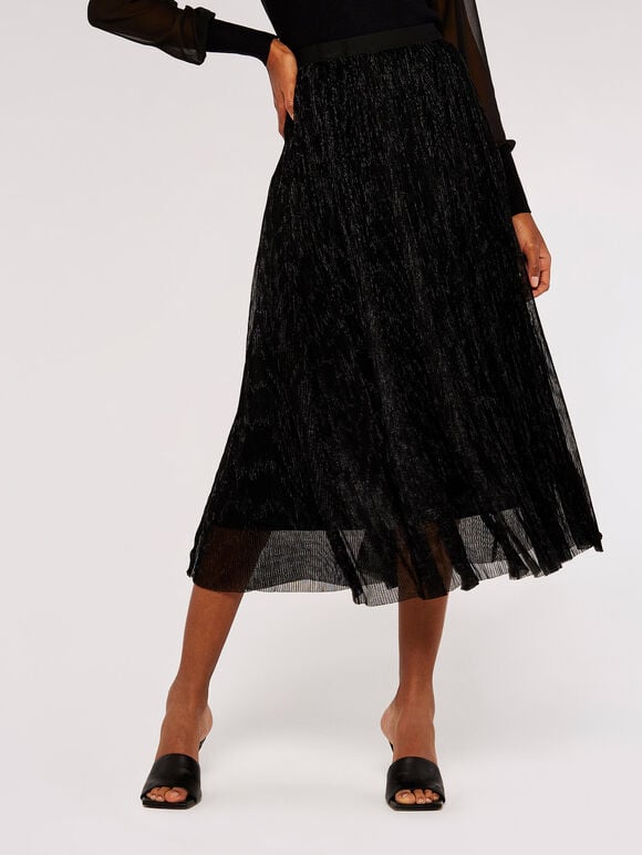 Lurex Pleated Midi Skirt, Black, large
