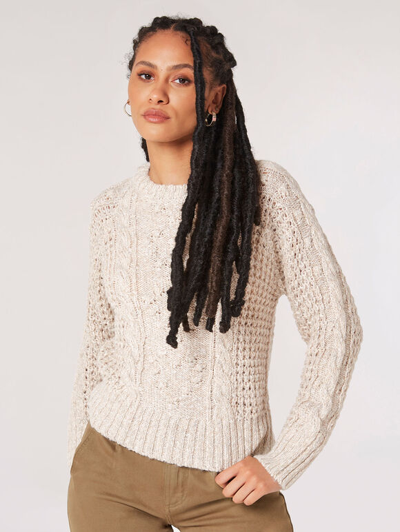 Cable Waffle Knit Jumper, Stone, large