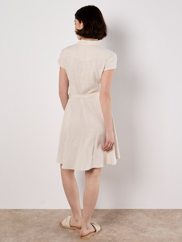 Linen Blend Shirt Mini Dress, Stone, large