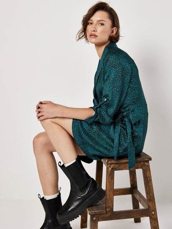 Animal Print Satin Wrap Mini Dress, Green, large