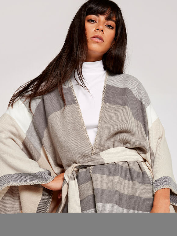 Soft Check Self Tie Blanket Cape, Stone, large