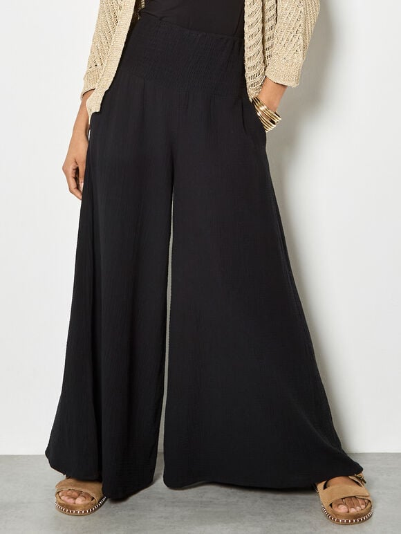 Textured Cotton Wide-Leg Trousers, Black, large