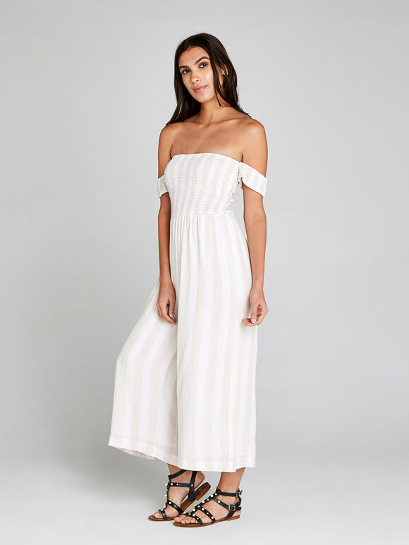 Stripe Bardot Smock Jumpsuit, Stone, large