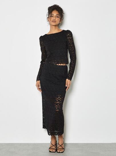 Floral Leaf Lace Midi Skirt