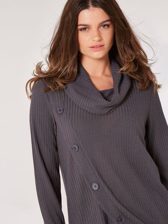 Haut cache-cœur boutonné en tricot gaufré, gris, grand