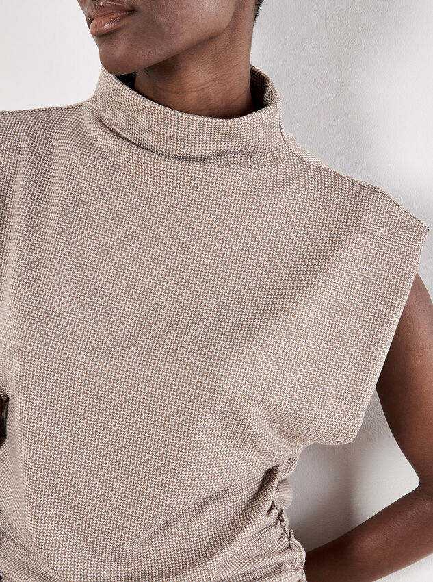 Mini Dogtooth High Neck Ruched Top, Stone, large