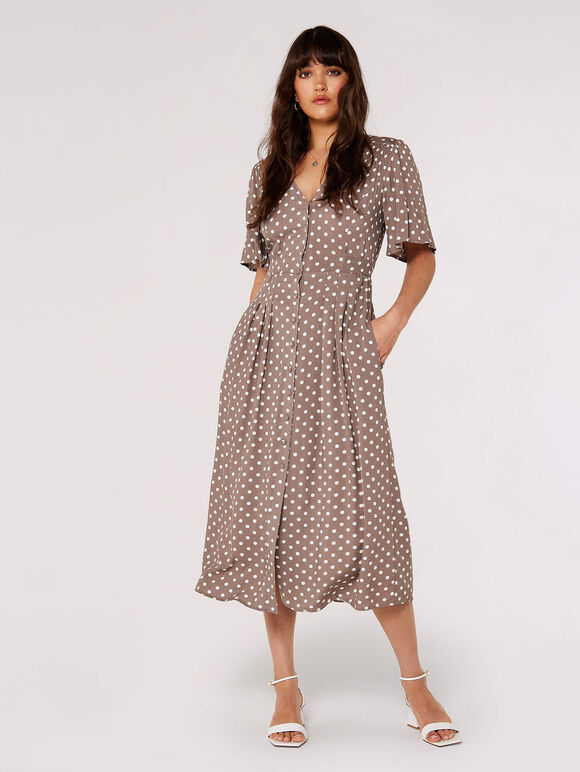 Polkadot Shirt Midi Dress, Grey, large
