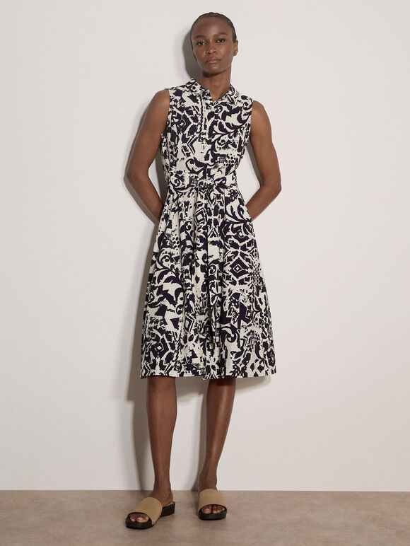 Abstract Tile Crepe Shirt Midi Dress, Navy, large