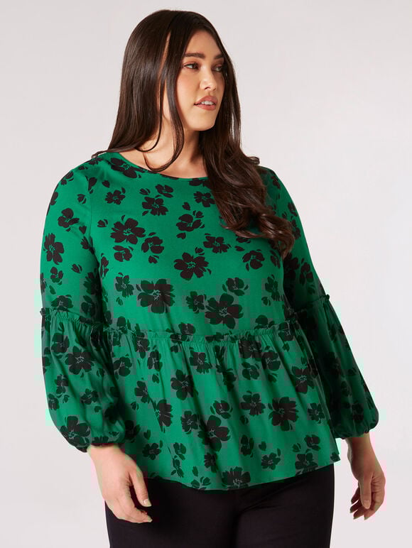 Curve Floral Babydoll Top, Green, large