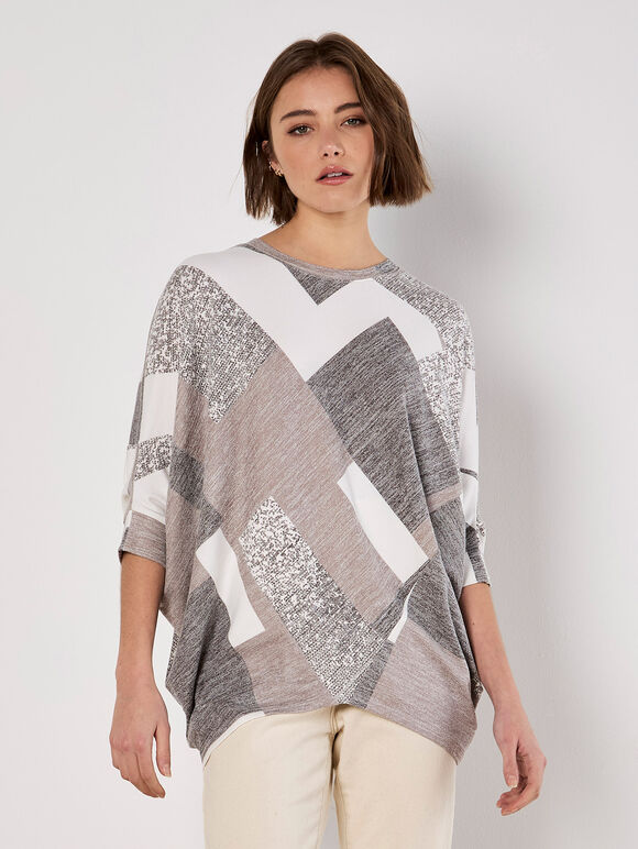 Batwing Geometric Jersey Top, Brown, large
