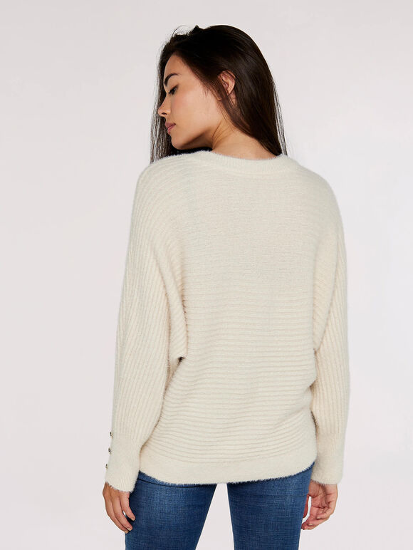 Fluffy Ribbed Jumper, White, large