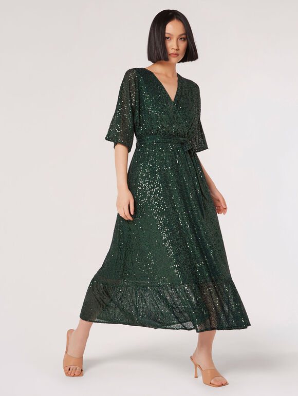 Sequin Kimono Midi Dress, Green, large
