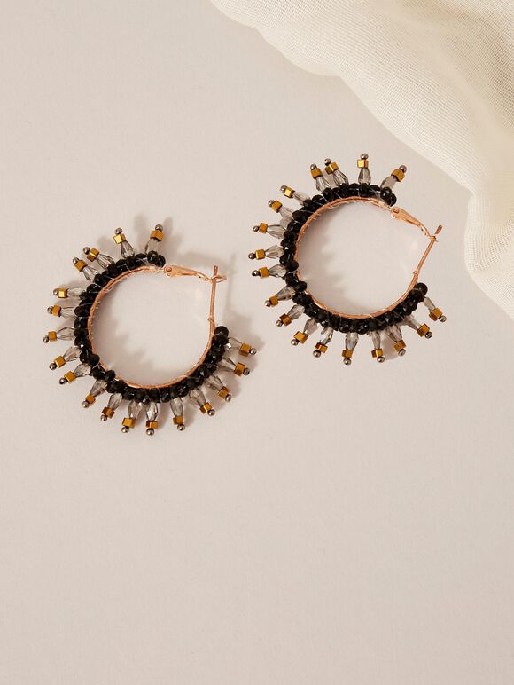 Stone Hoop Earring, Black, large