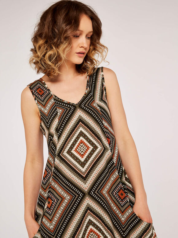 Geo Print Bakery Dress, Khaki, large
