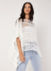 Open Knit Cotton Blend Poncho, White, large
