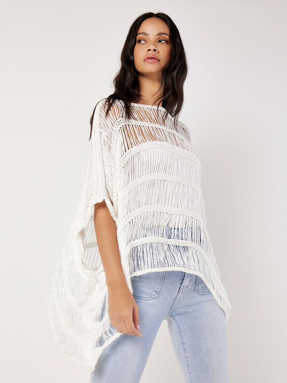 Open Knit Cotton Blend Poncho, White, large
