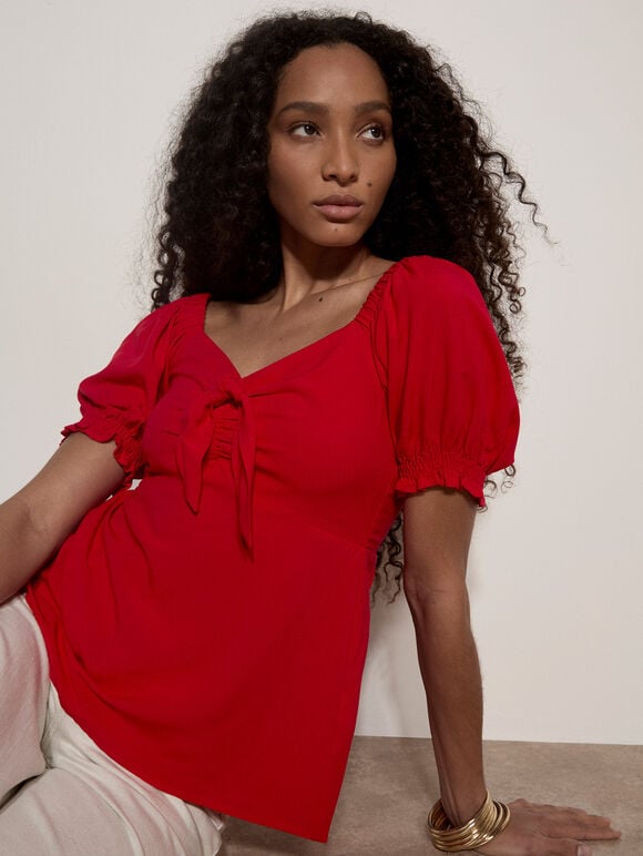 Tie Front Milkmaid Top, Red, large